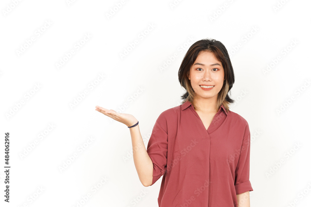 Showing and Holding Product on Open Palm Of Beautiful Asian Woman Isolated On White Background Showing and Holding Product on Open Palm Of Beautiful Asian Woman Isolated On White Background