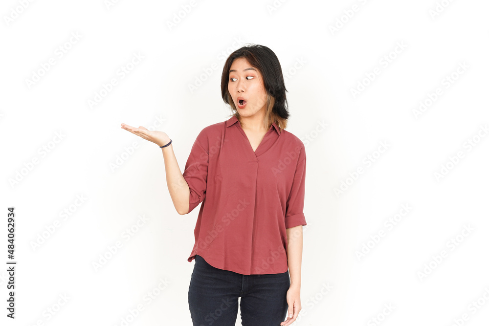 Showing and Holding Product on Open Palm Of Beautiful Asian Woman Isolated On White Background Showing and Holding Product on Open Palm Of Beautiful Asian Woman Isolated On White Background