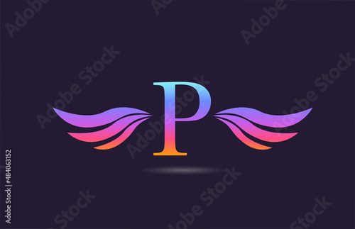 Fototapeta Naklejka Na Ścianę i Meble -  Colorful P alphabet letter logo icon design with wings. Creative template for company and business in pink yellow