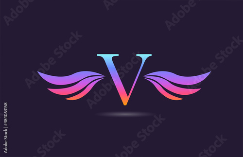 Colorful V alphabet letter logo icon design with wings. Creative template for company and business in pink yellow