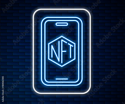 Glowing neon line Mobile with art store app icon isolated on brick wall background. Technology of selling NFT tokens for cryptocurrency. Non fungible token. Vector