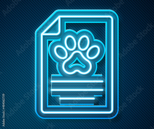 Glowing neon line Clipboard with medical clinical record pet icon isolated on blue background. Health insurance form. Medical check marks report. Vector