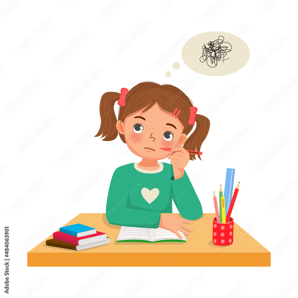 cute little girl thinking while studying and doing her homework at the desk