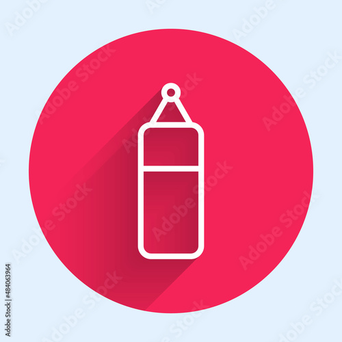 White line Punching bag icon isolated with long shadow background. Red circle button. Vector