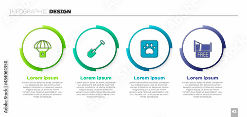 Set Humanitarian aid, Shovel, Paw print and Free overnight stay house. Business infographic template. Vector