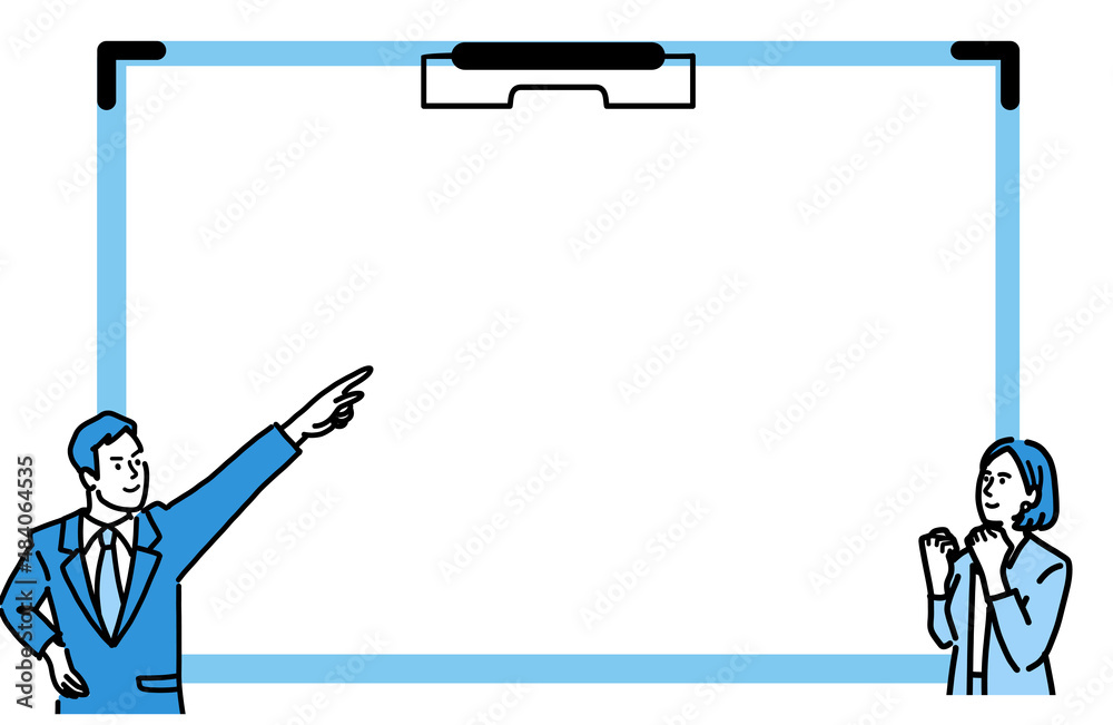 未来の方向に向かっているスーツを着た若い男性と女性と横長のバインダー
