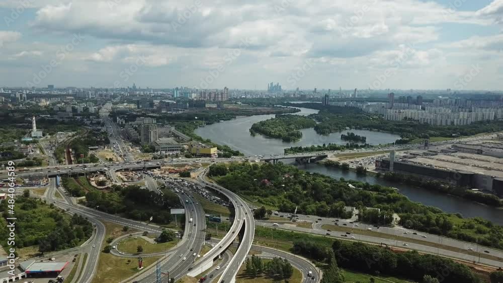 Aerial photography of the highway in Moscow on a sunny summer day with a view of the river Aerial photography of the highway in Moscow on a sunny summer day with a view of the river