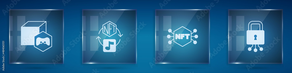 Set NFT Digital crypto art, and Cyber security. Square glass panels. Vector - obrazy, fototapety, plakaty 