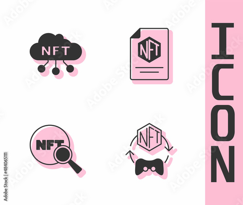 Set NFT Digital crypto art, cloud, Search and contract icon. Vector