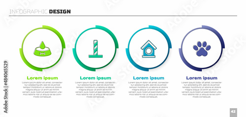 Set Pet food bowl for cat or dog, Cat scratching post with toy, Dog house and Paw print. Business infographic template. Vector