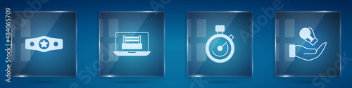 Set Boxing belt, ring, Stopwatch and glove. Square glass panels. Vector