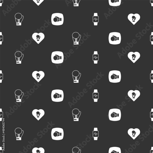 Set Smart watch with heart, Boxing glove, and on seamless pattern. Vector