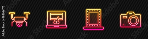Set line Makeup mirror with lights, Drone flying, Video recorder laptop and Photo camera. Glowing neon icon. Vector