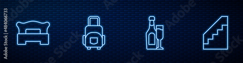 Set line Champagne bottle with glass, Bedroom, Suitcase and Stairs. Glowing neon icon on brick wall. Vector