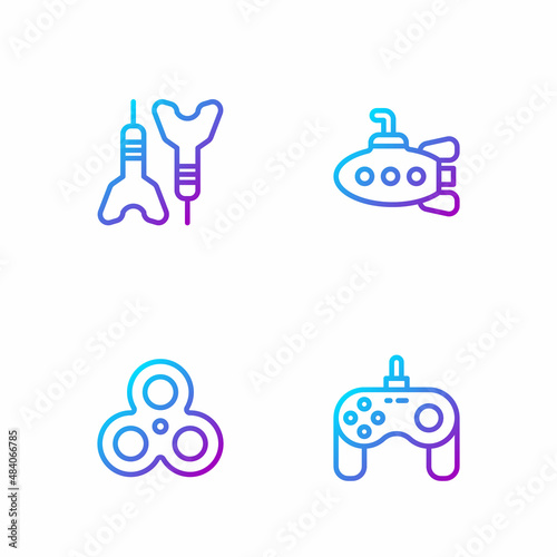 Set line Gamepad, Fidget spinner, Dart arrow and Submarine toy. Gradient color icons. Vector