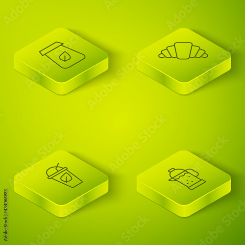 Set Isometric line Croissant, Cup of tea with leaf, French press and Tea packaging icon. Vector