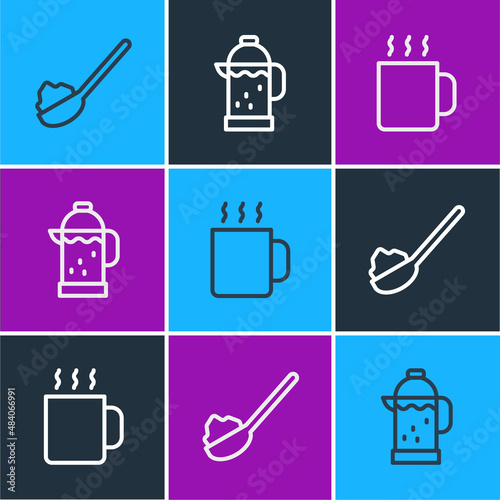 Set line Spoon with sugar, Cup of tea and French press icon. Vector