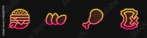 Set line Chicken leg, Vegan food diet, egg and No leather. Glowing neon icon. Vector