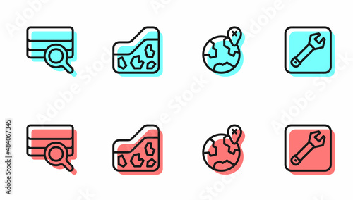 Set line Location on the globe, Soil analysis, Ground and Wrench spanner icon. Vector