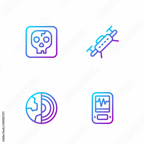 Set line Seismograph, Earth core structure crust, Archeology and Drone. Gradient color icons. Vector