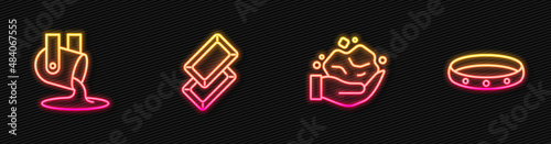 Set line Gold nugget, Molten gold being poured, bars and ring. Glowing neon icon. Vector