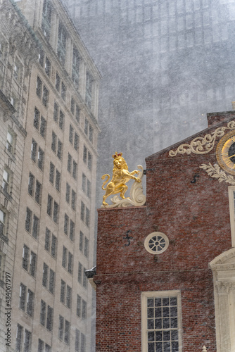 Old state house in snowstorm