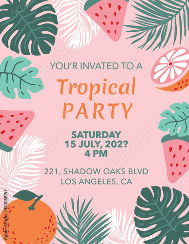 Tropical party invitation template with fruits, monstera and palm leaves. Floral summer frame