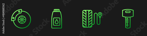 Set line Tire pressure gauge, Car brake disk with caliper, Canister for motor machine oil and key remote. Gradient color icons. Vector