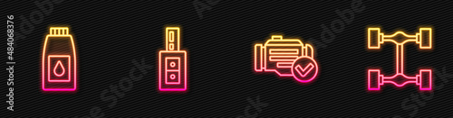 Set line Check engine, Canister for motor machine oil, Car key with remote and Chassis car. Glowing neon icon. Vector