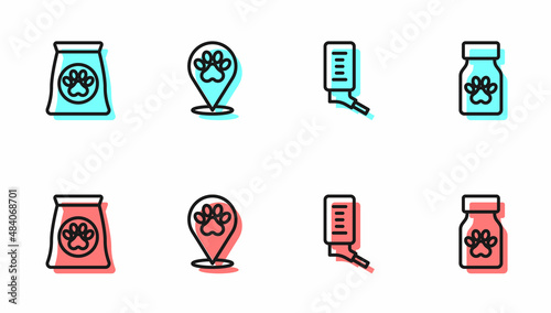 Set line Drinker for small pets, Bag of food, Location veterinary hospital and Medicine bottle and pills icon. Vector