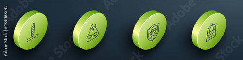 Set Isometric line Cat scratching post with toy, Dog collar bone, Animal health insurance and Cage for birds icon. Vector