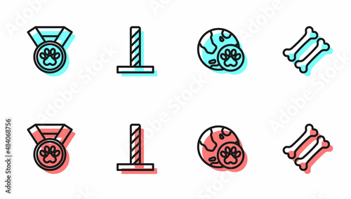 Set line World pet, Pet award symbol, Cat scratching post with toy and Dog bone icon. Vector