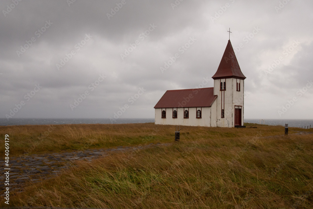 Hellnar church in clouds