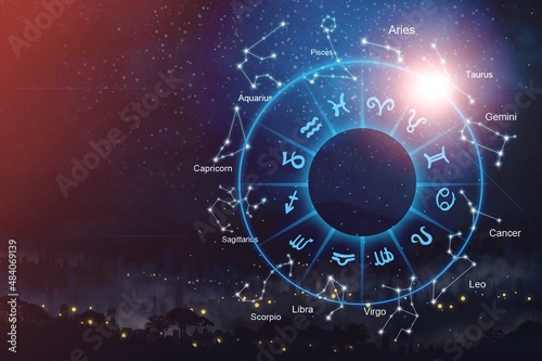 Zodiac signs inside of horoscope circle. Astrology in the sky with stars and moons  astrology and horoscopes concept