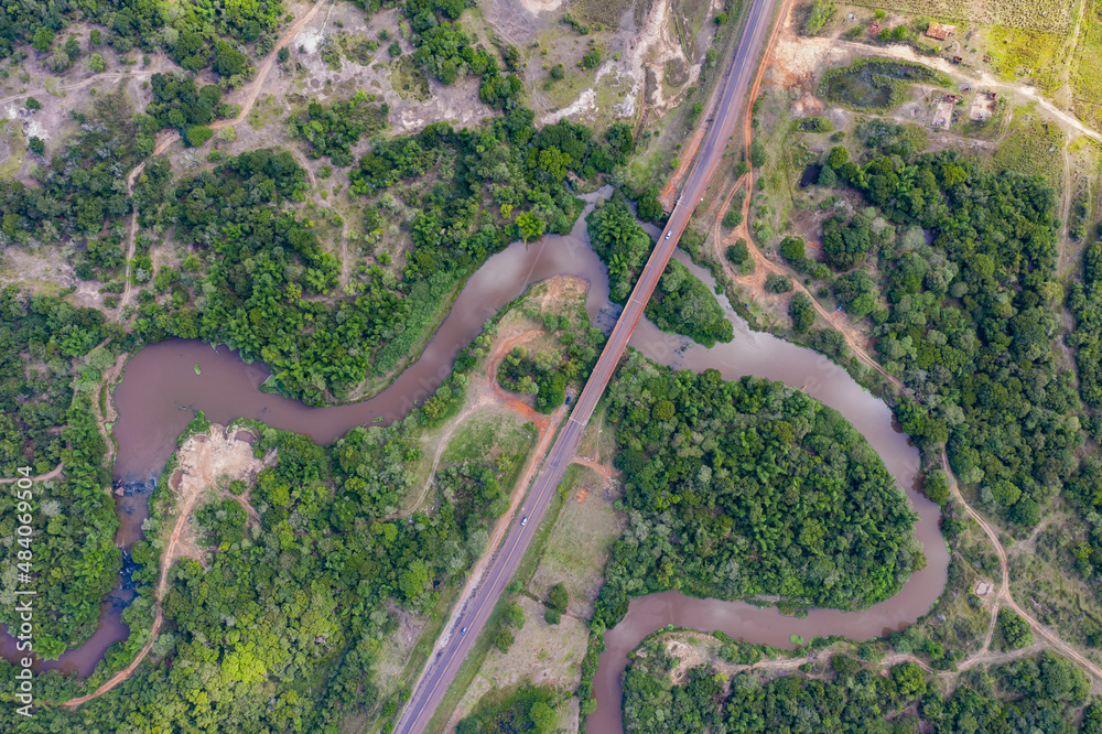 Aerial view of a bridge over the Tebicuary River in Paraguay between Natalicio Talavera and Mauricio Jose Troche.