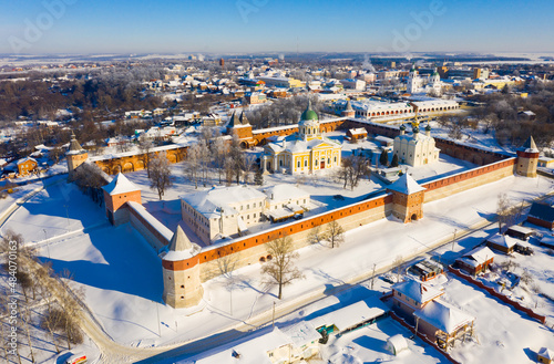 Winter aerial view of ancient fortified Kremlin in small Russian town of Zaraysk on sunny day, Moscow Oblast