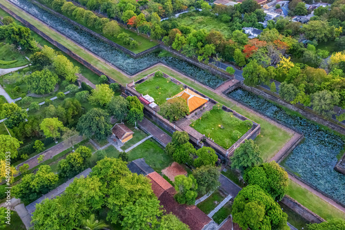 Wonderful view from Dong Khuyet Dai house to gate in the Imperial City with the Purple Forbidden City within the Citadel in Hue, Vietnam. Imperial Royal Palace of Nguyen dynasty