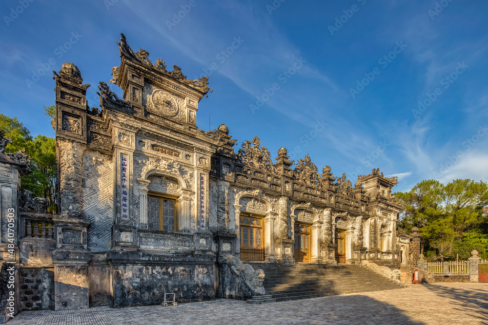 Khai Dinh king tomb near the Imperial City with the Purple Forbidden City within the Citadel in Hue, Vietnam. Imperial Royal Palace of Nguyen dynasty in Hue. 