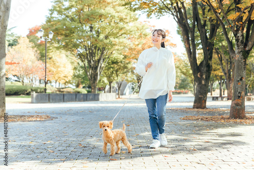Fotografie 犬の散歩をする女性（全身）