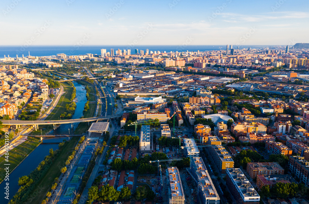 Obraz premium Top view on Barcelona and district Sant Adria de Besos, Besos river. Spain