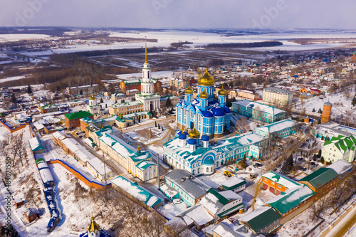 Winter view from a drone of the Nativity-Bogoroditsky monastery in the center of the city of Zadonsk surrounded ..by residential buildings  Russia