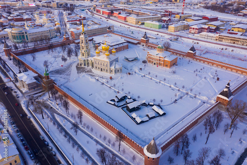 Aerial view of Tula Kremlin and Epiphany Cathedral, city downtow. Russia