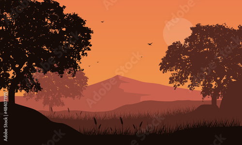 The view of the mountains from the edge of the village is so beautiful at dusk in the afternoon