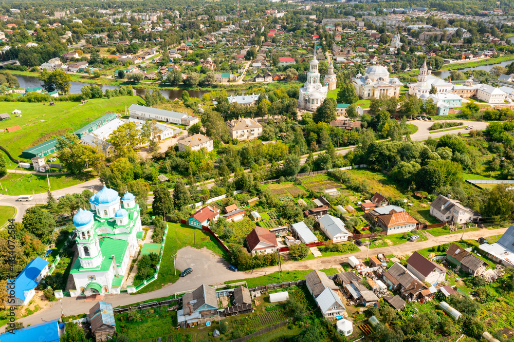 Airscape of Russian city Torzhok. Borisoglebsky monastery visible from above.