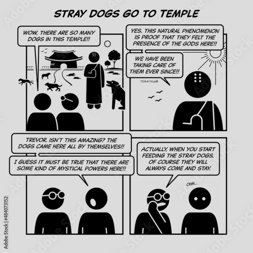 Funny comic strip. Stray dogs go to temple. Comic depicts monk taking care and feeding stray dogs at temple or monastery.