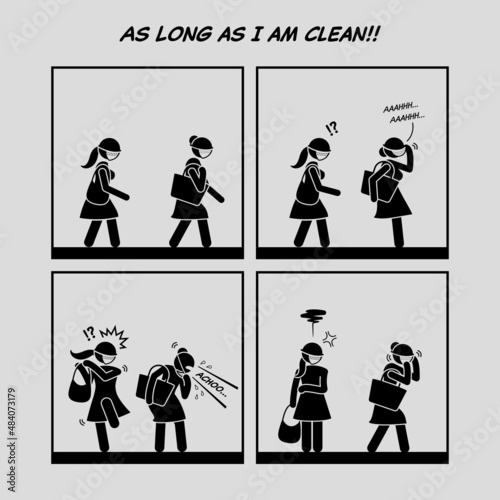 Funny comic strip. As long as I am clean. A selfish woman taking off her mask to sneeze and does not care about other. Comic depicts spreading virus, unhygienic, dirty, and flu disease transmission.