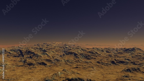 alien planet landscape sci fi spatial background, view from planet surface with spectacular sky, realistic digital illustration