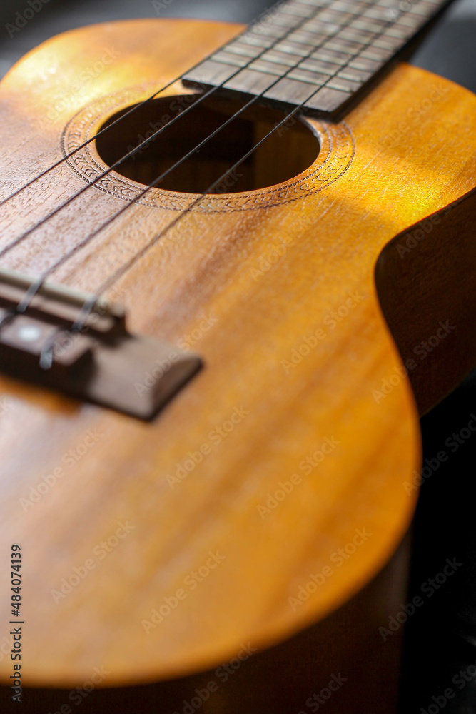 Fototapeta premium Close up view of defocused ukulele body