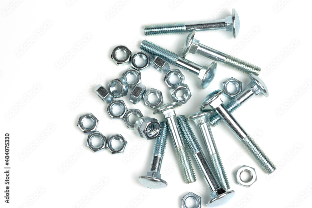 several silver metal bolts with nuts on a white background. close-up and copy space several silver metal bolts with nuts on a white background. close-up and copy space