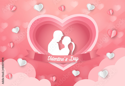 a heart shape. paper art style. valentine day. Origami made hot air balloon